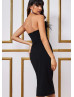 Strapless Black Feather Jersey Midi Party Dress